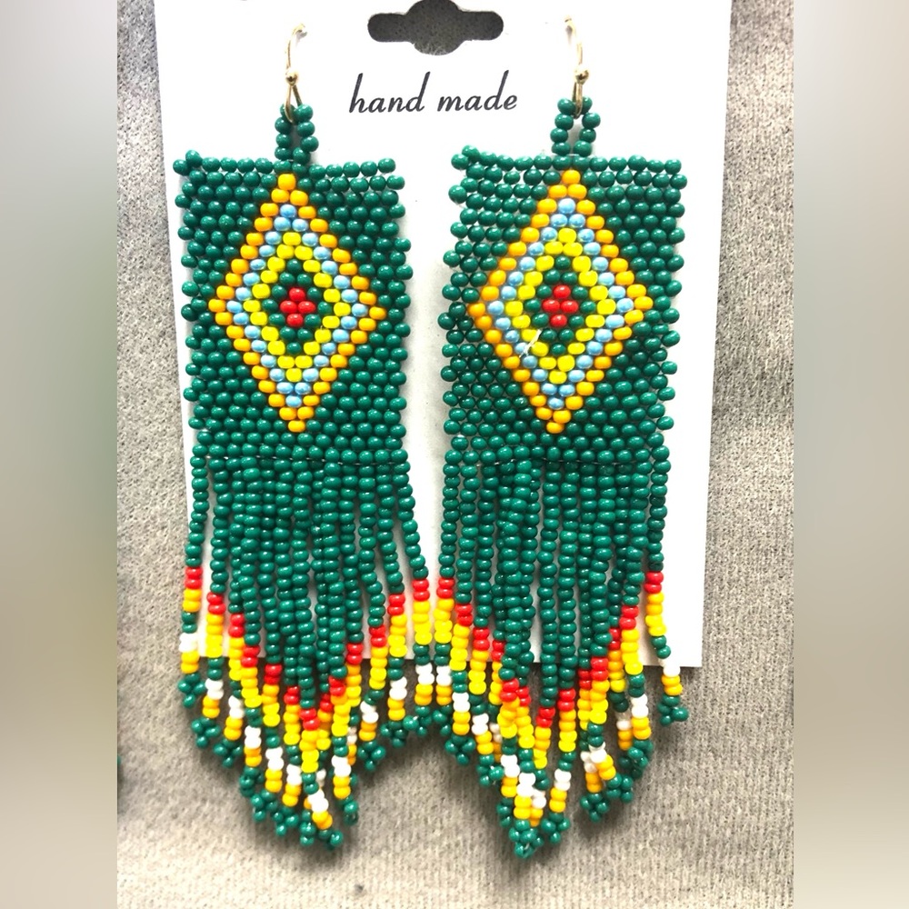 Green Colorful Bohemian Earrings Czech Beads Tassel Dangle Ethnic Retro Earrings